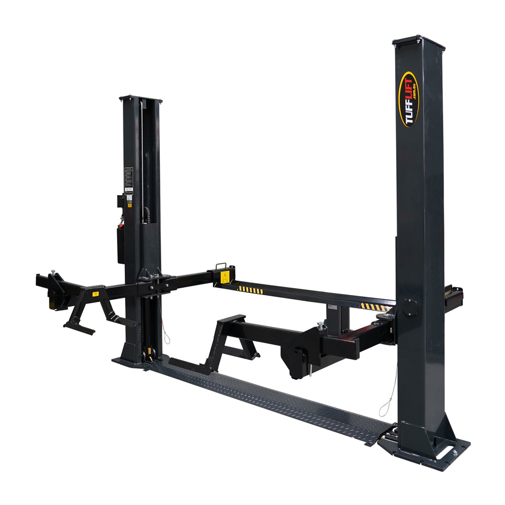 2 post car hoist featuring a durable dark grey framed, and equipped with specialty arms for vehicle maintenance and repair tasks - 2 Post Car Hoist Baseplate - 4 Ton - Turflift | TLG4.0BP