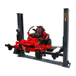 2 post car hoist with a durable dark grey frame, showcasing a Gravely mower lifted on the specialized arms, ideal for vehicle maintenance and repair tasks. - 2 Post Car Hoist Baseplate - 4 Ton - Turflift | TLG4.0BP