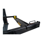 Close-up of the platform and safety features on a 2 post car hoist, designed for secure and stable vehicle lifting in an automotive workshop. - 2 Post Car Hoist Baseplate - 4 Ton - Turflift | TLG4.0BP