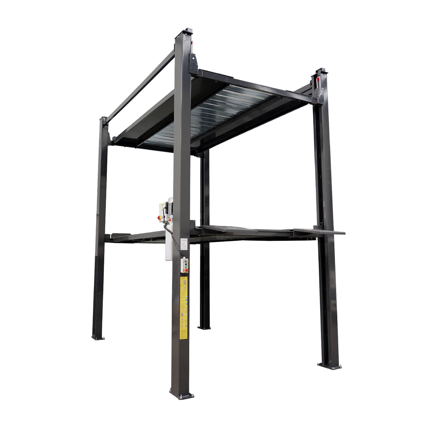 Angled view of a multi-level car parking lift, showcasing its sturdy metal structure with an upper platform raised to reveal space for an additional vehicle below. 4 Post Parking Hoist | Triple Stacker