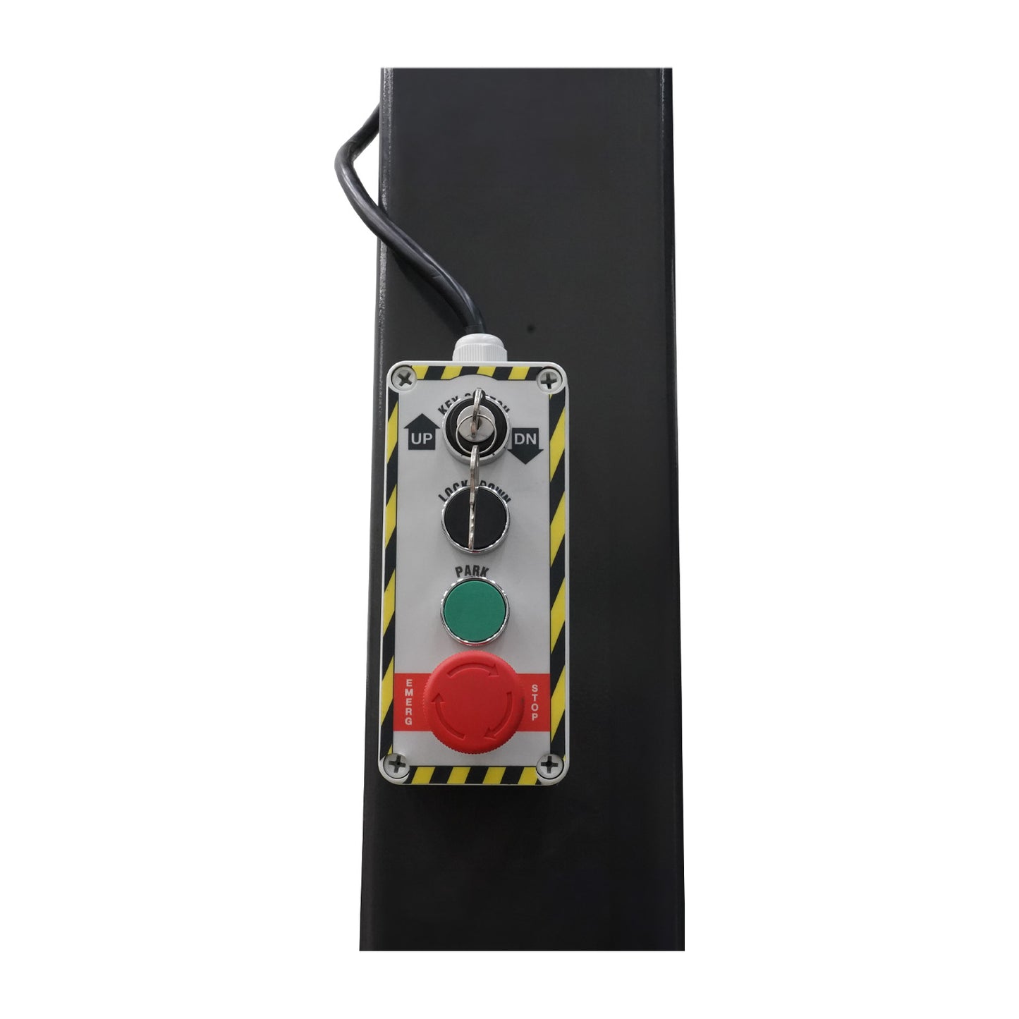 Control panel for a four post, three tier parking lift with key switch, "Up" and "Down" buttons and emergency stop. - 4 Post Parking Hoist | Triple Stacker