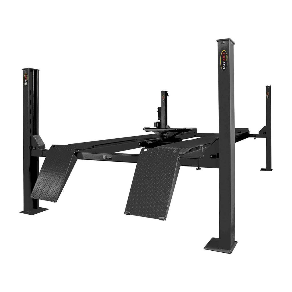 Charcoal grey four-post workshop car hoist with drive-on ramps and adjustable platforms, designed for vehicle maintenance. - 4 Post Wheel Alignment Hoist – 4 Ton | TLV4.0WHWA (includes rolling jack)