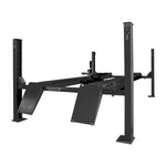Charcoal grey four-post workshop car hoist with drive-on ramps and adjustable platforms, designed for vehicle maintenance. - 4 Post Wheel Alignment Hoist – 4 Ton | TLV4.0WHWA (includes rolling jack)