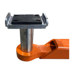 Close-up of an adjustable arm pad and adapter on a 2 post car hoist, highlighting the sturdy rubber pad and robust metal construction for reliable vehicle lifting. - 2 Post Hoist Clear Floor - 5.5 Ton | TLV5.5OH