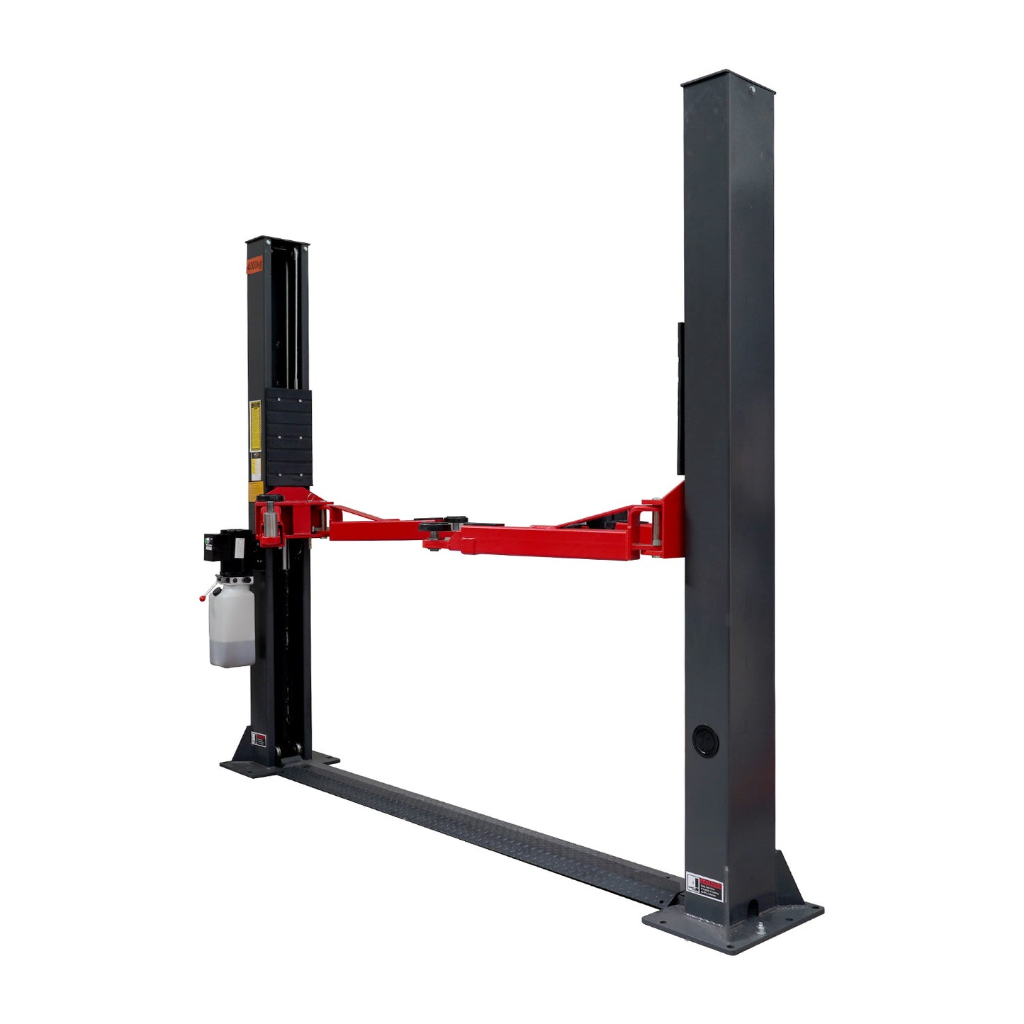 A 2 post car hoist with red arms and dark grey posts. 2 Post Baseplate Hoist - 4 Ton | TLD4.0BP