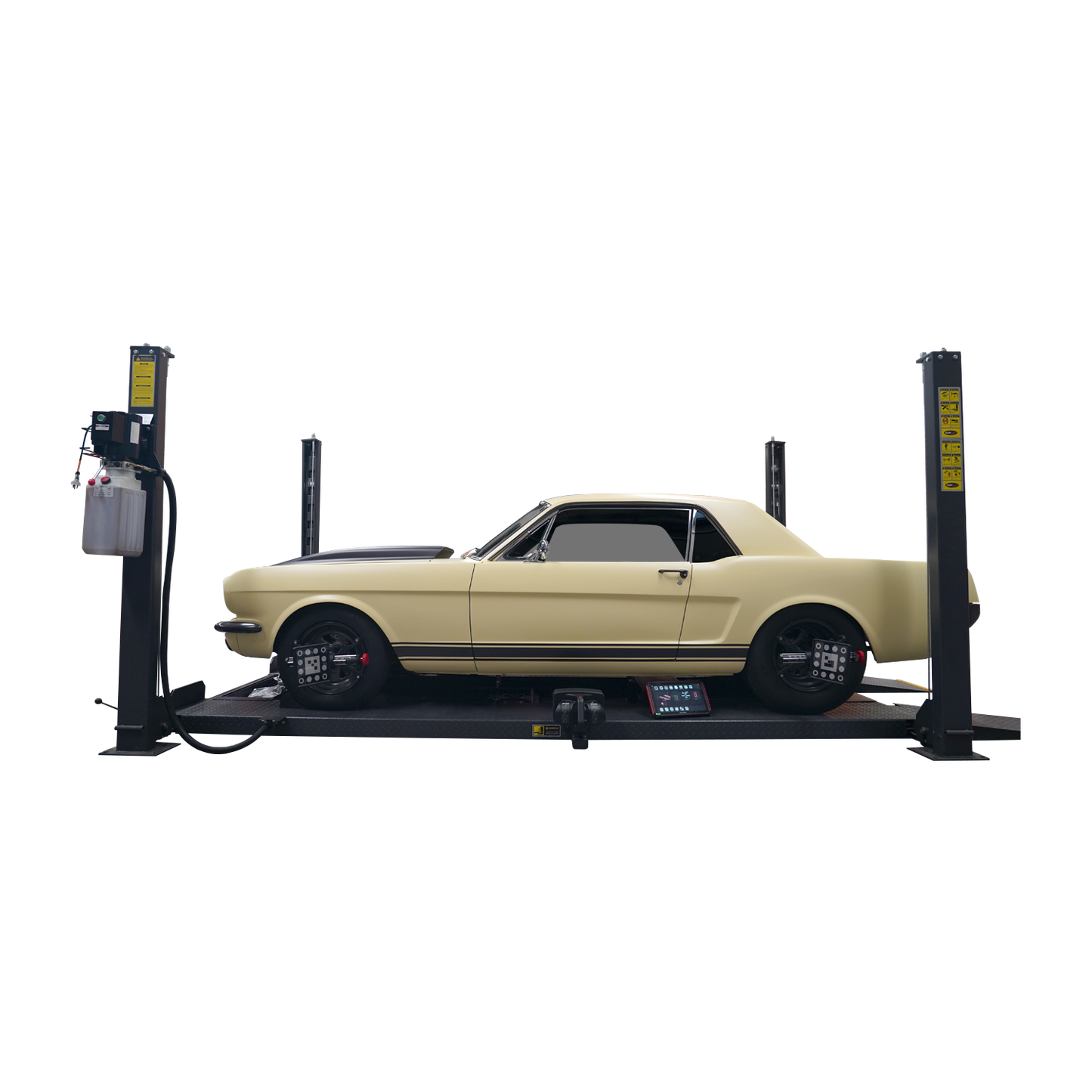 Yellow car on a Tufflift 4 Post Hoist, with a wireless wheel aligner attached