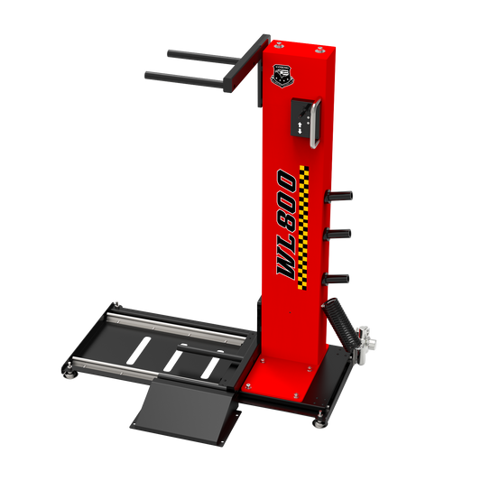 WL-800 pneumatic wheel lift for dynamic wheel balancers – heavy-duty workshop tool with integrated ramp and compact vertical design for lifting tyres up to 85kg.