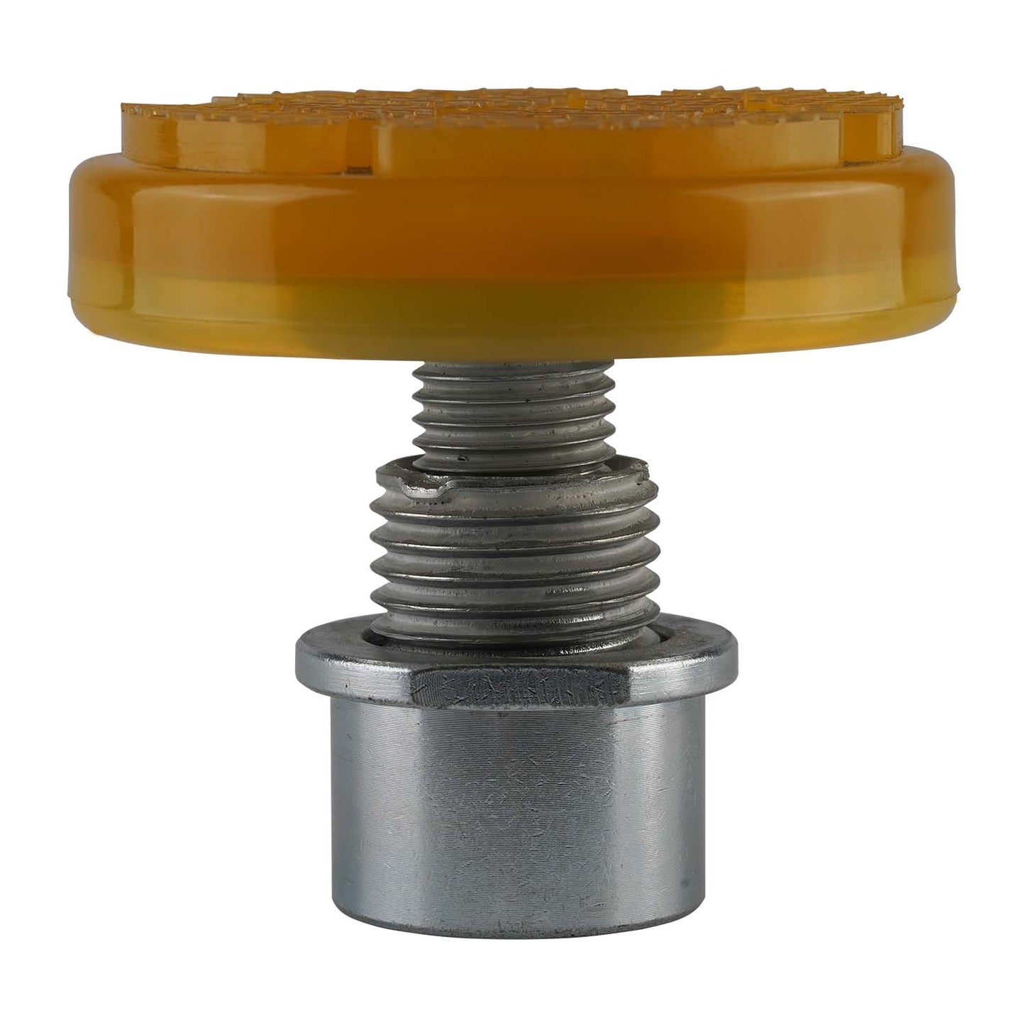 Close-up of a yellow pad for a two post car hoist, featuring a threaded metal base for secure attachment. - 2 Post Car Hoist - Low Profile Arms 85mm - Clear Floor - 4 Ton | EE-C9LPA