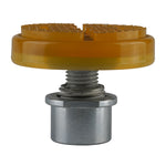 Close-up of a yellow car hoist pad with a threaded metal base for secure attachment, designed for use with two post lifts. - 2 Post Car Hoist - Low Profile Arms 85mm - Clear Floor - 4 Ton | EE-C9LPA