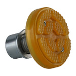 Angled close-up of a yellow car hoist pad with a textured surface and a threaded metal base for secure attachment, designed for use with two post lifts. - 2 Post Car Hoist - Low Profile Arms 85mm - Clear Floor - 4 Ton | EE-C9LPA