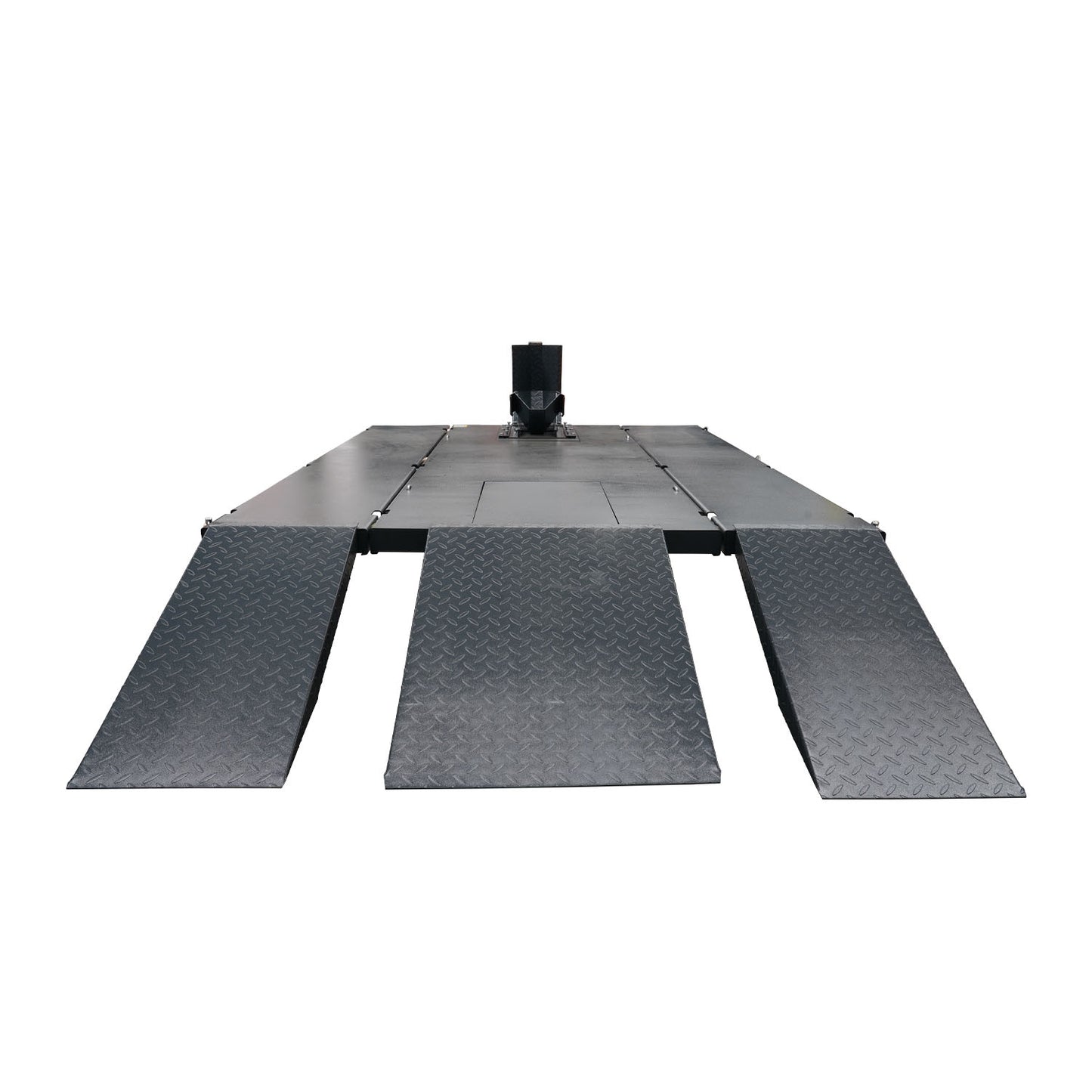 Motorcycle hoist with a width extension kit and three diamond-plate ramps from a rear perspective. The wide setup provides ample room for handling larger motorcycles or equipment in a workshop environment.