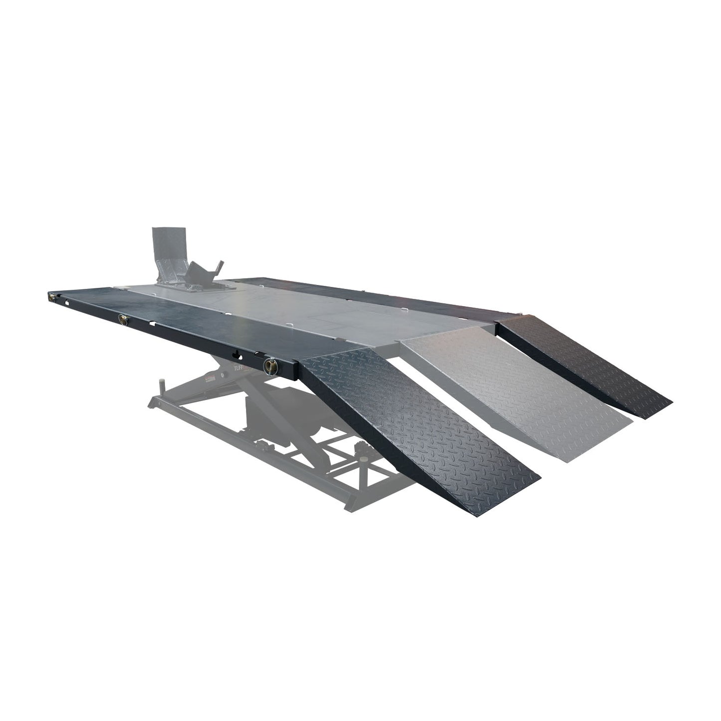 Motorcycle hoist equipped with a width extension kit, featuring three diamond plate ramps for easy access. The extended platform increases the work area, providing additional stability and space for larger or wider motorcycles.