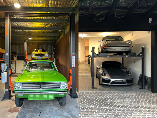 Side-by-side image of a 4 post hoist and a 2 post hoist