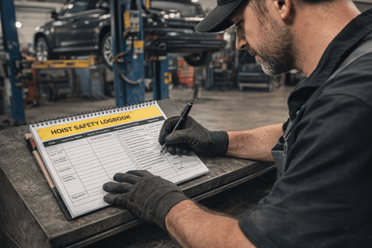 A mechanic filling in a car hoist safety logbook