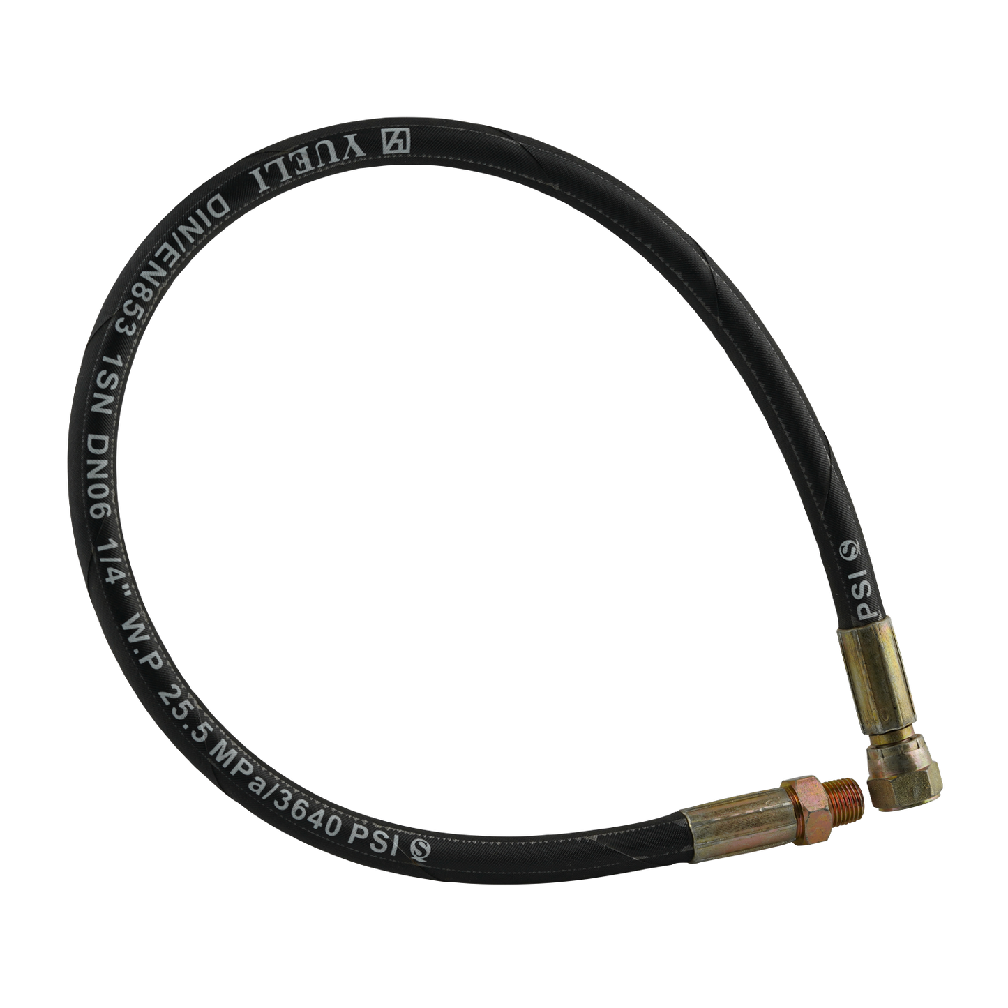 This image depicts a hydraulic hose, labeled "Hand Pump Hydraulic Hose 675mm." The hose has metal fittings on both ends, marked with specifications such as "DIN/EN853 1SN DN06 1/4" W.P 25.5 MPa/3640 PSI." The black rubber hose is coiled slightly and displayed against a textured white background, emphasizing its industrial application. This hose is suitable for models like RJ35, with fittings of 1/2" NPT and 9/16 JIC, and a length of 675mm.