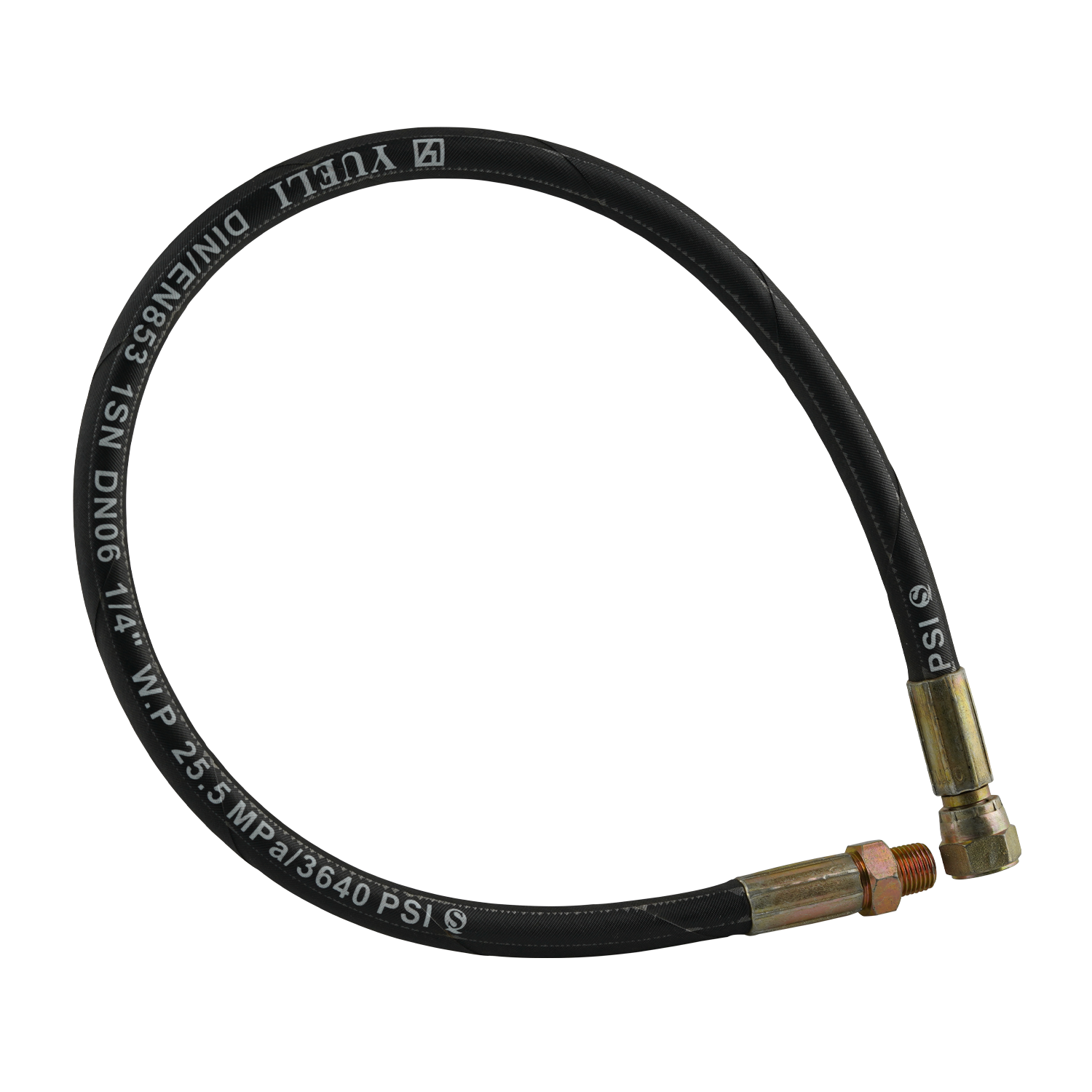 This image depicts a hydraulic hose, labeled "Hand Pump Hydraulic Hose 675mm." The hose has metal fittings on both ends, marked with specifications such as "DIN/EN853 1SN DN06 1/4" W.P 25.5 MPa/3640 PSI." The black rubber hose is coiled slightly and displayed against a textured white background, emphasizing its industrial application. This hose is suitable for models like RJ35, with fittings of 1/2" NPT and 9/16 JIC, and a length of 675mm.