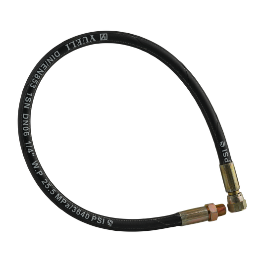 This image depicts a hydraulic hose, labeled "Hand Pump Hydraulic Hose 675mm." The hose has metal fittings on both ends, marked with specifications such as "DIN/EN853 1SN DN06 1/4" W.P 25.5 MPa/3640 PSI." The black rubber hose is coiled slightly and displayed against a textured white background, emphasizing its industrial application. This hose is suitable for models like RJ35, with fittings of 1/2" NPT and 9/16 JIC, and a length of 675mm.