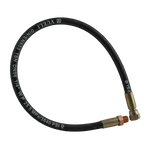 This image depicts a hydraulic hose, labeled "Hand Pump Hydraulic Hose 675mm." The hose has metal fittings on both ends, marked with specifications such as "DIN/EN853 1SN DN06 1/4" W.P 25.5 MPa/3640 PSI." The black rubber hose is coiled slightly and displayed against a textured white background, emphasizing its industrial application. This hose is suitable for models like RJ35, with fittings of 1/2" NPT and 9/16 JIC, and a length of 675mm.