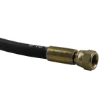 This image shows a close-up of one end of a hydraulic hose. The focus is on the metal fitting, which appears to be a threaded connector attached to the black rubber hose. The metal has a gold-colored finish, and part of the hose's labeling is visible, indicating its industrial specification. This hose is a part of the "Hand Pump Hydraulic Hose 675mm" setup, suitable for models like the RJ35 with fittings of 1/2" NPT and 9/16 JIC.