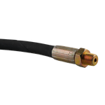 
This image shows the other end of a hydraulic hose with a metal fitting. The fitting is threaded and gold-colored, with a slightly tapered end designed for secure attachment to a hydraulic system. This end complements the hose setup shown earlier, which is part of a hand pump hydraulic hose assembly measuring 675mm in length, used with models like the RJ35 and featuring fittings of 1/2" NPT and 9/16 JIC specifications.