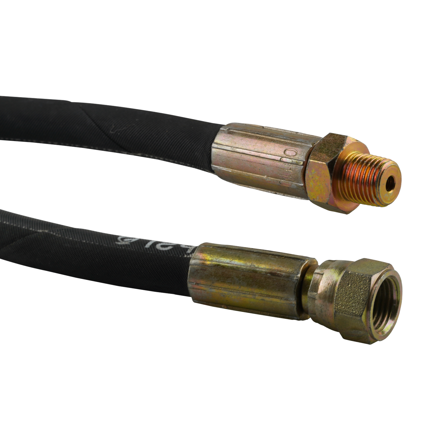 This image shows two ends of a hydraulic hose, each fitted with metal connectors. The top fitting is a male threaded connection, while the bottom fitting is a female threaded connection. These fittings are designed for secure attachment in a hydraulic system. The hose is part of a 675mm hand pump hydraulic hose with a working pressure rating of 25.5 MPa/3640 PSI, typically used with models such as the RJ35, and features 1/2" NPT and 9/16 JIC fittings.