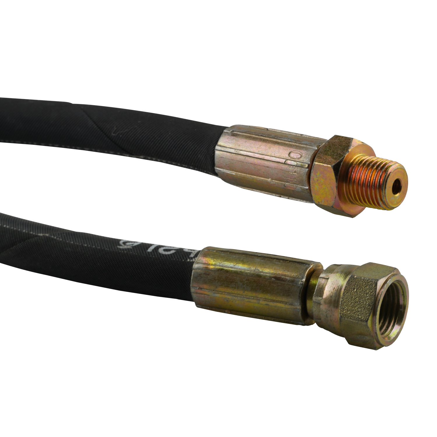 This image shows two ends of a hydraulic hose, each fitted with metal connectors. The top fitting is a male threaded connection, while the bottom fitting is a female threaded connection. These fittings are designed for secure attachment in a hydraulic system. The hose is part of a 675mm hand pump hydraulic hose with a working pressure rating of 25.5 MPa/3640 PSI, typically used with models such as the RJ35, and features 1/2" NPT and 9/16 JIC fittings.