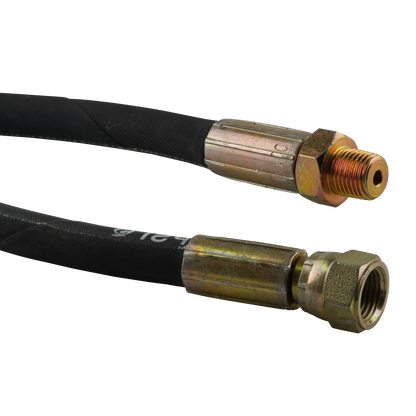 This image shows two ends of a hydraulic hose, each fitted with metal connectors. The top fitting is a male threaded connection, while the bottom fitting is a female threaded connection. These fittings are designed for secure attachment in a hydraulic system. The hose is part of a 675mm hand pump hydraulic hose with a working pressure rating of 25.5 MPa/3640 PSI, typically used with models such as the RJ35, and features 1/2" NPT and 9/16 JIC fittings.