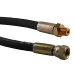 This image shows two ends of a hydraulic hose, each fitted with metal connectors. The top fitting is a male threaded connection, while the bottom fitting is a female threaded connection. These fittings are designed for secure attachment in a hydraulic system. The hose is part of a 675mm hand pump hydraulic hose with a working pressure rating of 25.5 MPa/3640 PSI, typically used with models such as the RJ35, and features 1/2" NPT and 9/16 JIC fittings.