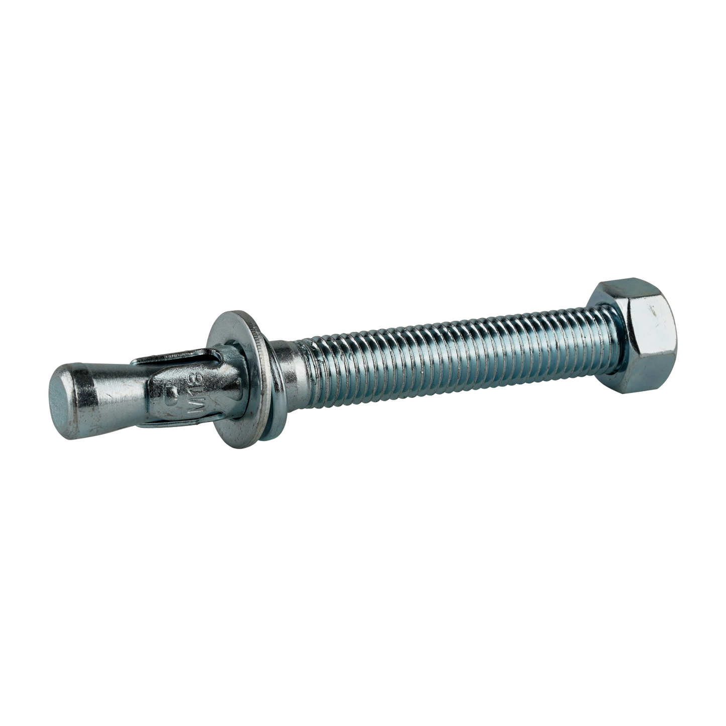 This image shows an EAE wedge anchor bolt, size M18x160mm, made of metal with a threaded shaft and an expanding wedge mechanism at one end. The bolt is paired with a hex nut and washer, and is designed for securing heavy-duty objects into concrete or solid surfaces. The spanner size is M27, indicating the size of the wrench needed for installation.