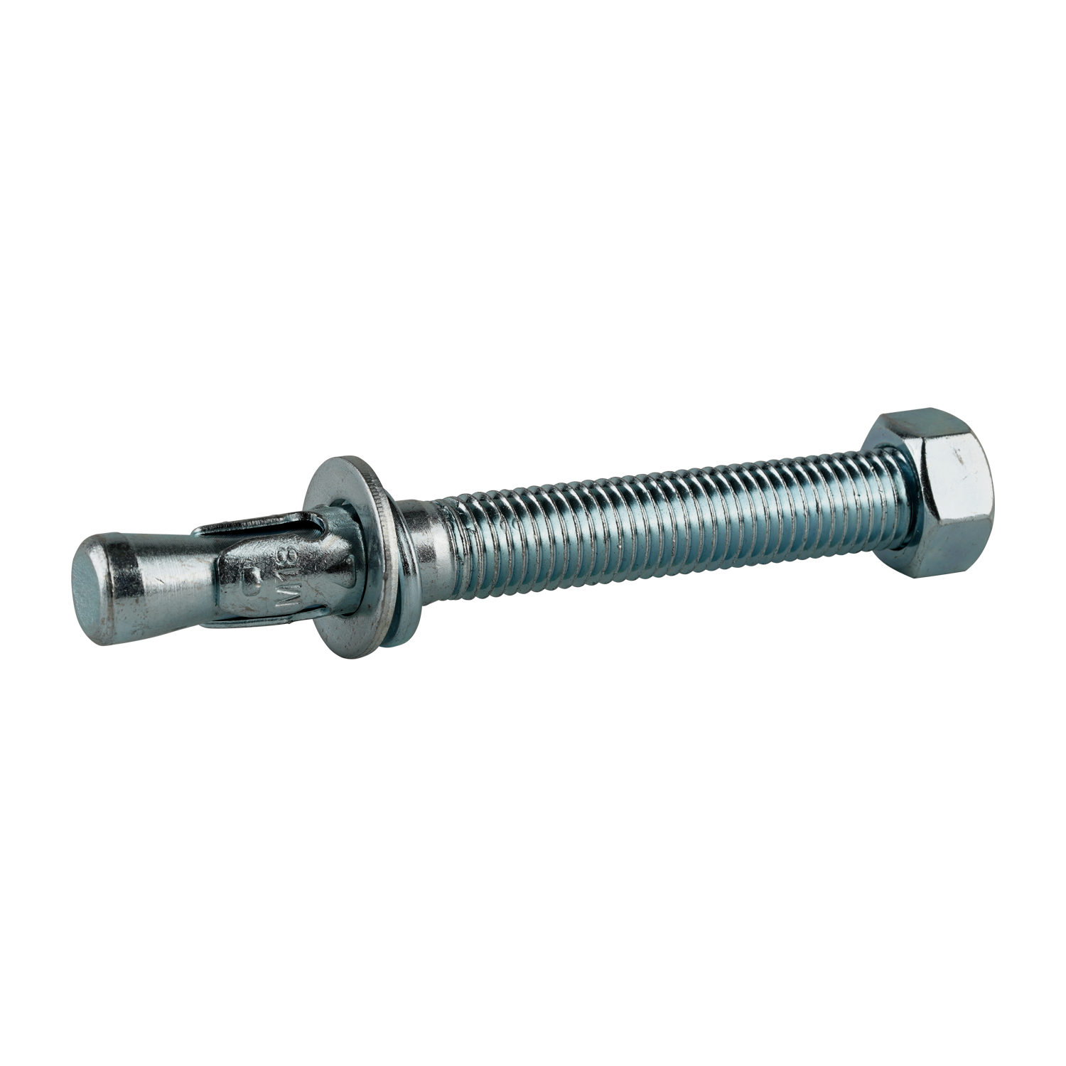 This image shows an EAE wedge anchor bolt, size M18x160mm, made of metal with a threaded shaft and an expanding wedge mechanism at one end. The bolt is paired with a hex nut and washer, and is designed for securing heavy-duty objects into concrete or solid surfaces. The spanner size is M27, indicating the size of the wrench needed for installation.