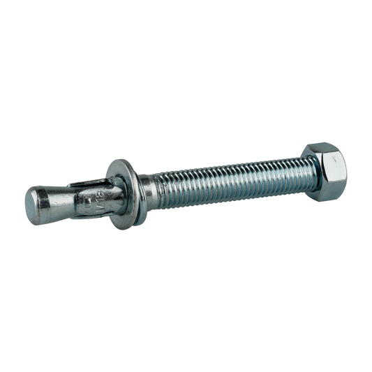 This image shows an EAE wedge anchor bolt, size M18x160mm, made of metal with a threaded shaft and an expanding wedge mechanism at one end. The bolt is paired with a hex nut and washer, and is designed for securing heavy-duty objects into concrete or solid surfaces. The spanner size is M27, indicating the size of the wrench needed for installation.