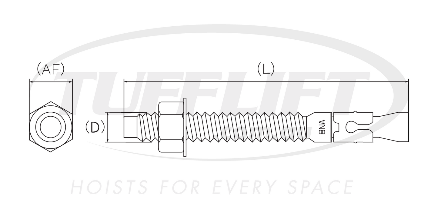 This image shows a technical drawing of a wedge anchor bolt. The drawing provides dimensional labels such as (AF) for across flats (likely the spanner or wrench size), (D) for the bolt diameter, and (L) for the total length of the bolt. The detailed diagram illustrates the threaded shaft, expanding wedge mechanism labeled "BNA," and a hexagonal nut. It appears to represent precise measurements and components necessary for proper installation of the wedge anchor bolt in various applications like hoists. The 