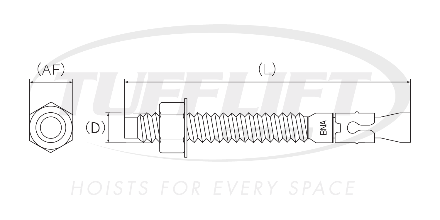 This image shows a technical drawing of a wedge anchor bolt. The drawing provides dimensional labels such as (AF) for across flats (likely the spanner or wrench size), (D) for the bolt diameter, and (L) for the total length of the bolt. The detailed diagram illustrates the threaded shaft, expanding wedge mechanism labeled "BNA," and a hexagonal nut. It appears to represent precise measurements and components necessary for proper installation of the wedge anchor bolt in various applications like hoists. The 