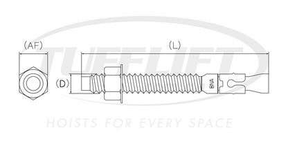 This image shows a technical drawing of a wedge anchor bolt. The drawing provides dimensional labels such as (AF) for across flats (likely the spanner or wrench size), (D) for the bolt diameter, and (L) for the total length of the bolt. The detailed diagram illustrates the threaded shaft, expanding wedge mechanism labeled "BNA," and a hexagonal nut. It appears to represent precise measurements and components necessary for proper installation of the wedge anchor bolt in various applications like hoists. The 