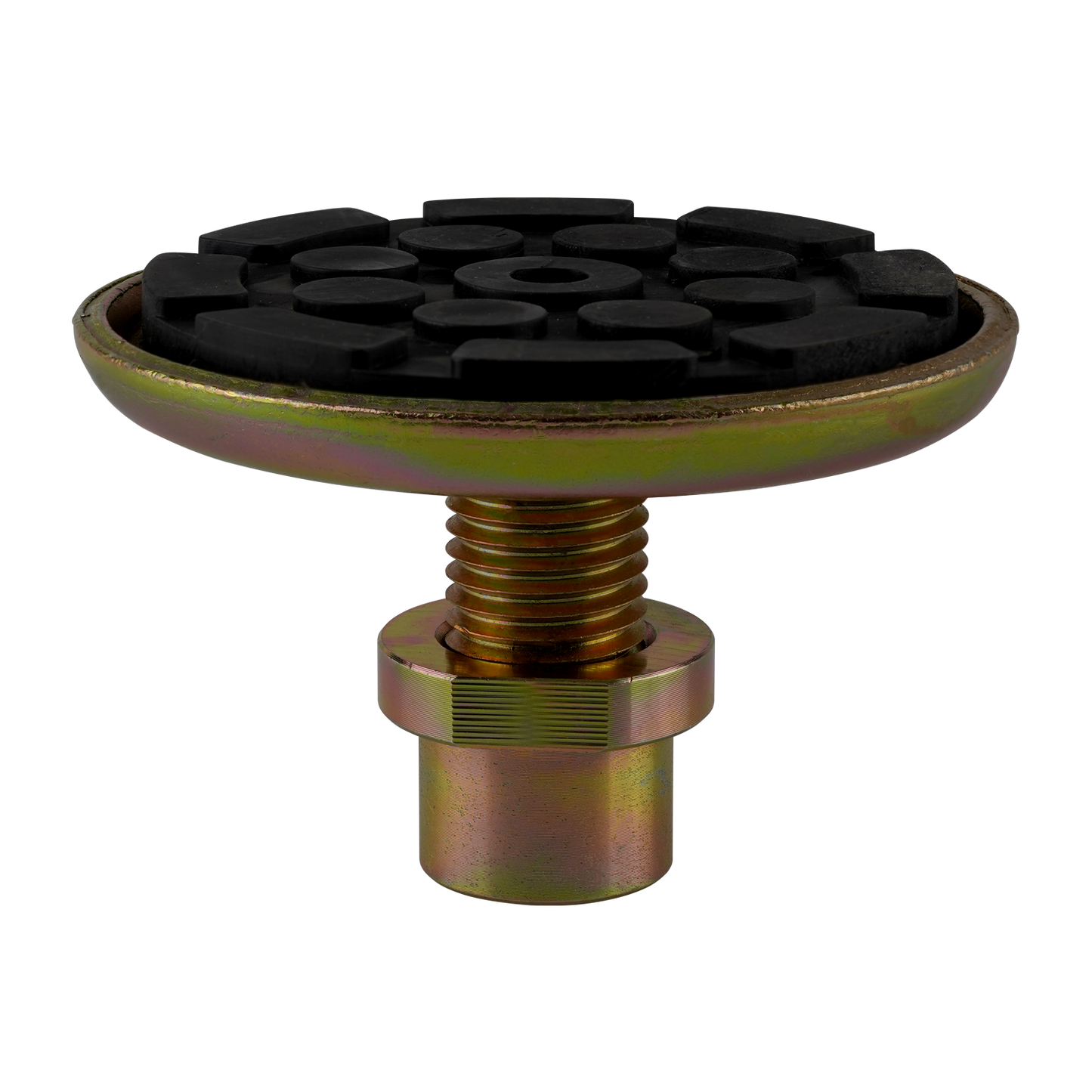 Front view of a 2 post hoist pad with a robust, textured rubber surface and a sturdy threaded base. - Screw Pad - Drop In