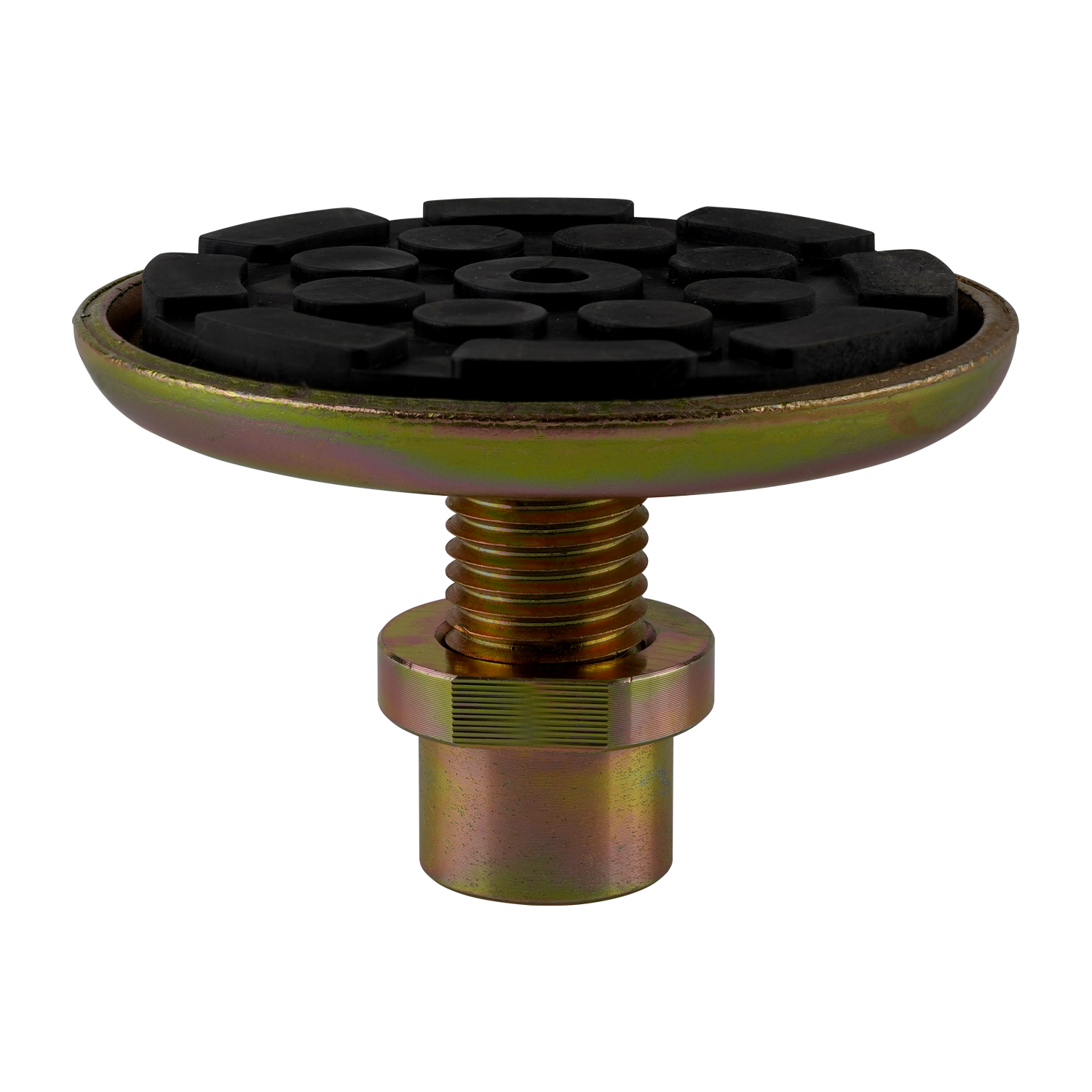 Front view of a 2 post hoist pad with a robust, textured rubber surface and a sturdy threaded base. - Screw Pad - Drop In