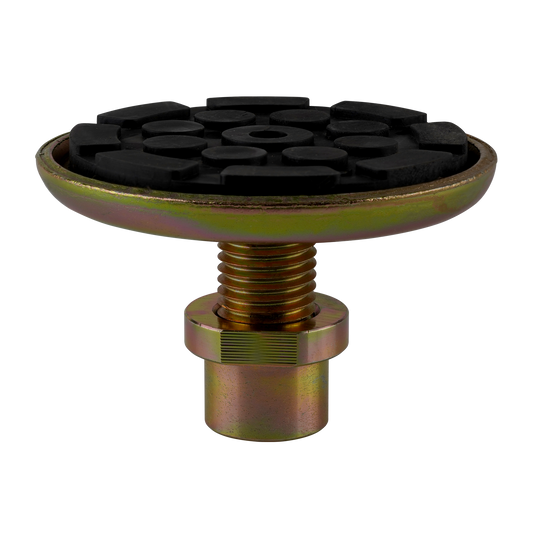 Front view of a 2 post hoist pad with a robust, textured rubber surface and a sturdy threaded base. - Screw Pad - Drop In