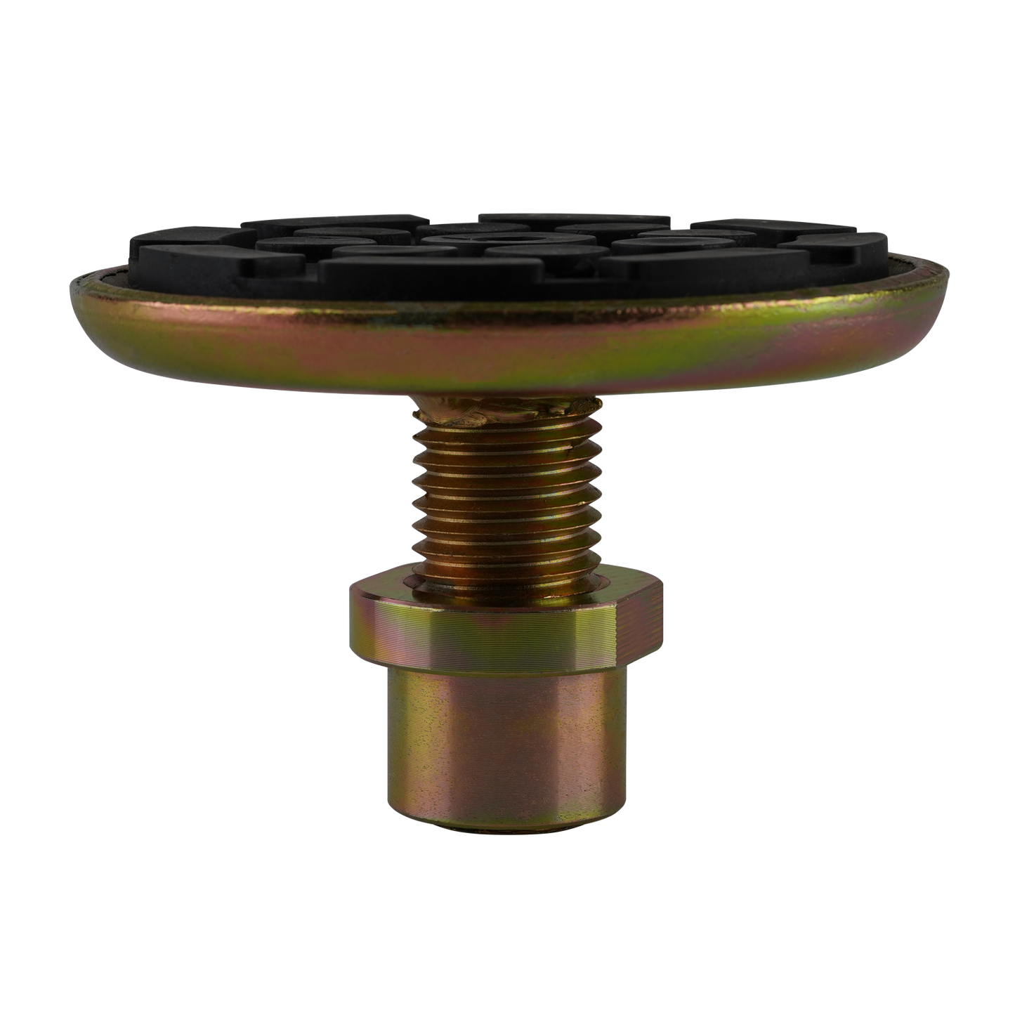 Front view of a 2 post hoist pad featuring a durable, textured rubber surface and a sturdy threaded base, ideal for car hoists. - Screw Pad - Drop In