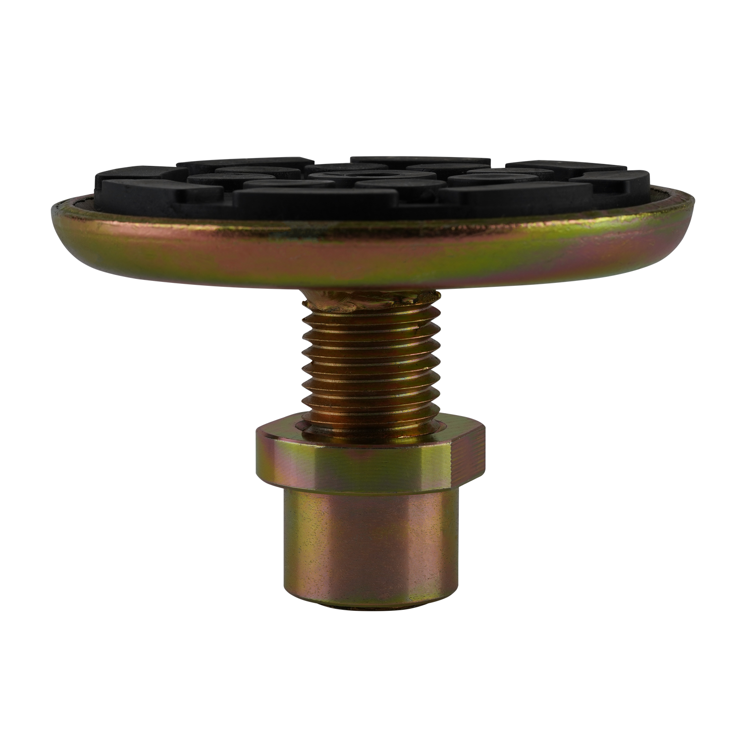 Front view of a 2 post hoist pad featuring a durable, textured rubber surface and a sturdy threaded base, ideal for car hoists. - Screw Pad - Drop In