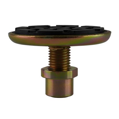 Front view of a 2 post hoist pad featuring a durable, textured rubber surface and a sturdy threaded base, ideal for car hoists. - Screw Pad - Drop In