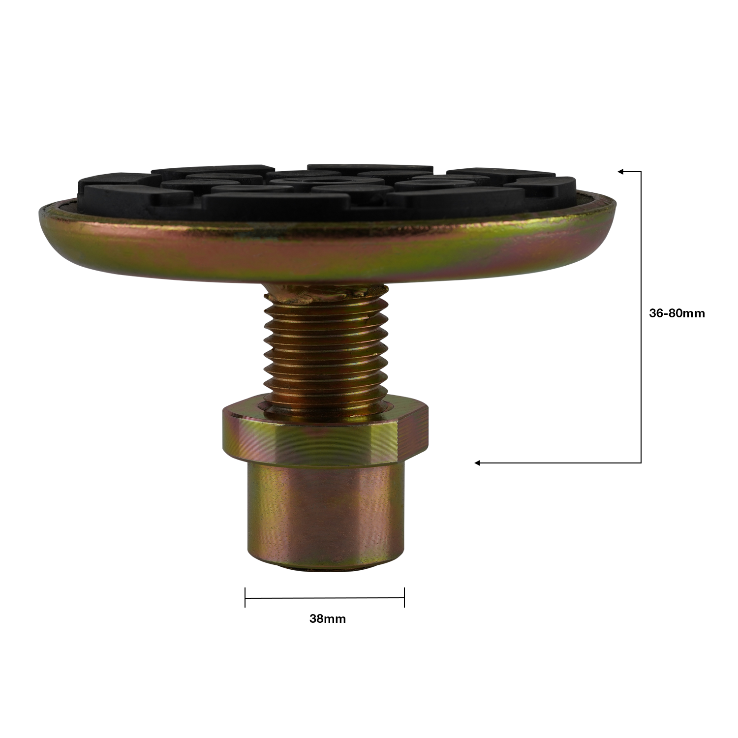 Side view of a 2 post hoist pad with dimensions labeled: 36-80mm in height and 38mm in width. Ideal for precise lifting in car hoists. - Screw Pad - Drop In