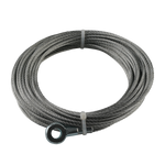 
This image shows a coiled car hoist cable with a metal eye bolt attached to one end. The cable is neatly wound and secured with plastic ties, and the eye bolt is clearly visible, indicating that it is designed for specific lifting or locking applications, likely related to hoist or lift equipment. The focus on the coil and the eye bolt highlights its industrial use.