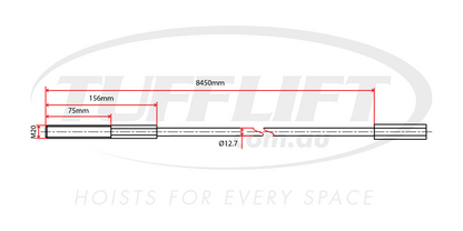 This is a technical drawing of a hoist cable with a length of 8450mm and a diameter of 12.7mm. The cable features an M20 thread on one end, and specific measurements are provided, including 75mm and 156mm segment lengths from the threaded end. The diagram gives precise specifications for cable construction and installation.