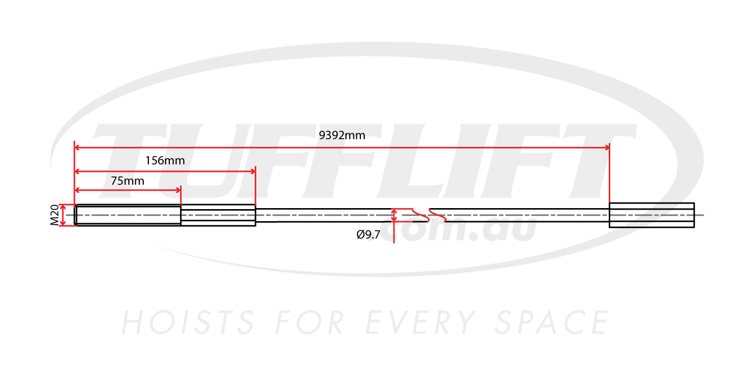 This is a technical drawing of a hoist cable with a length of 9392mm and a diameter of 12.7mm. It features an M20 thread on one end, with specific segment lengths measuring 75mm and 156mm near the threaded section. The diagram provides detailed dimensions and specifications for this cable.