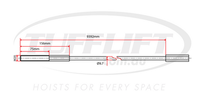 This is a technical drawing of a hoist cable with a length of 9392mm and a diameter of 12.7mm. It features an M20 thread on one end, with specific segment lengths measuring 75mm and 156mm near the threaded section. The diagram provides detailed dimensions and specifications for this cable.