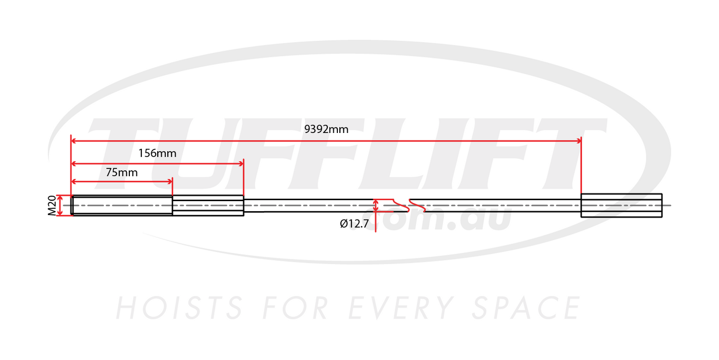 This is a technical drawing of a hoist cable with a length of 9392mm and a diameter of 12.7mm. It features an M20 thread on one end, with specific segment lengths measuring 75mm and 156mm near the threaded section. The diagram provides detailed dimensions and specifications for this cable.