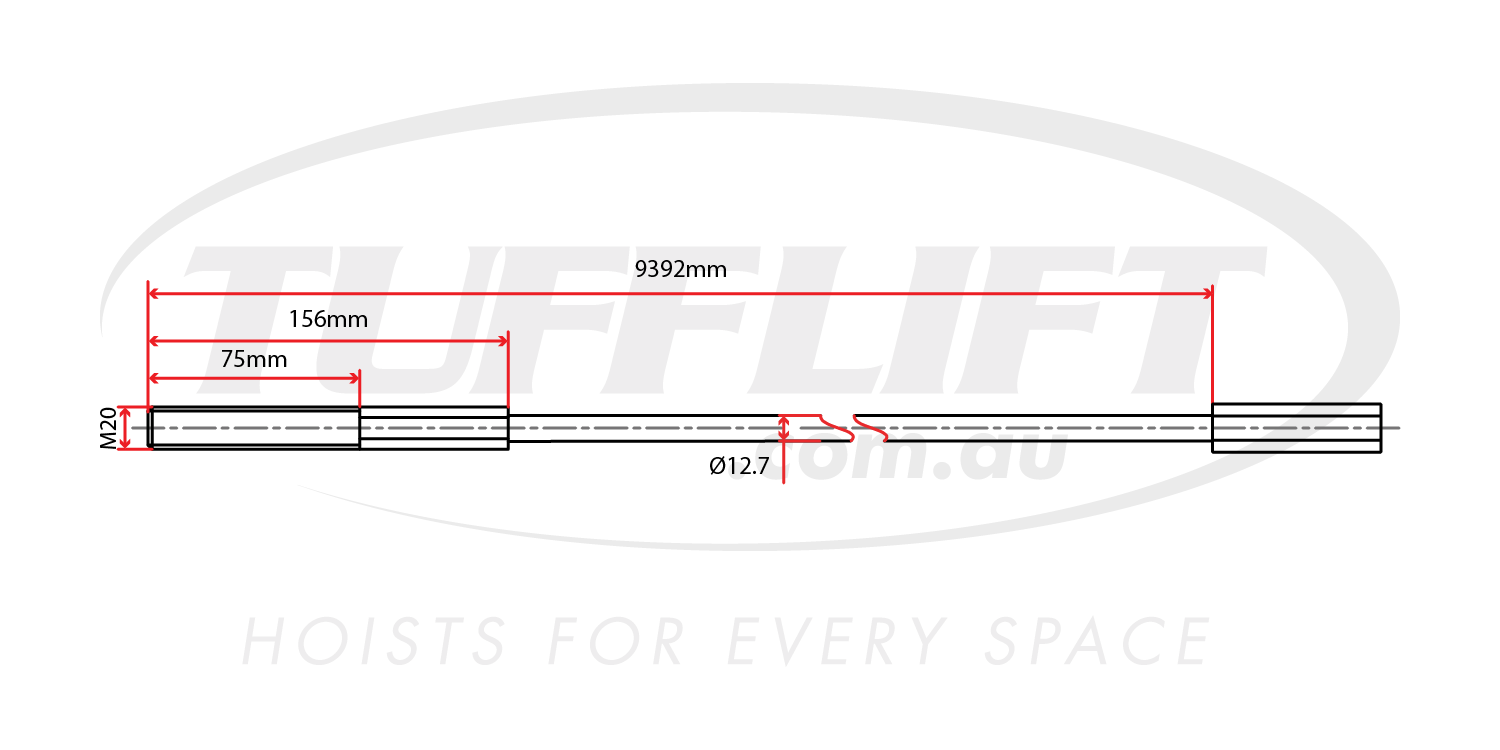 This is a technical drawing of a hoist cable with a length of 9392mm and a diameter of 12.7mm. It features an M20 thread on one end, with specific segment lengths measuring 75mm and 156mm near the threaded section. The diagram provides detailed dimensions and specifications for this cable.