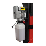 Close-up of the hydraulic pump and fluid reservoir on a two-post lift, featuring a lever, red button, and clear fluid container with markings on a black and red support. - 2 Post Clear Floor Hoist - 4.5 Ton | EE-C10V2