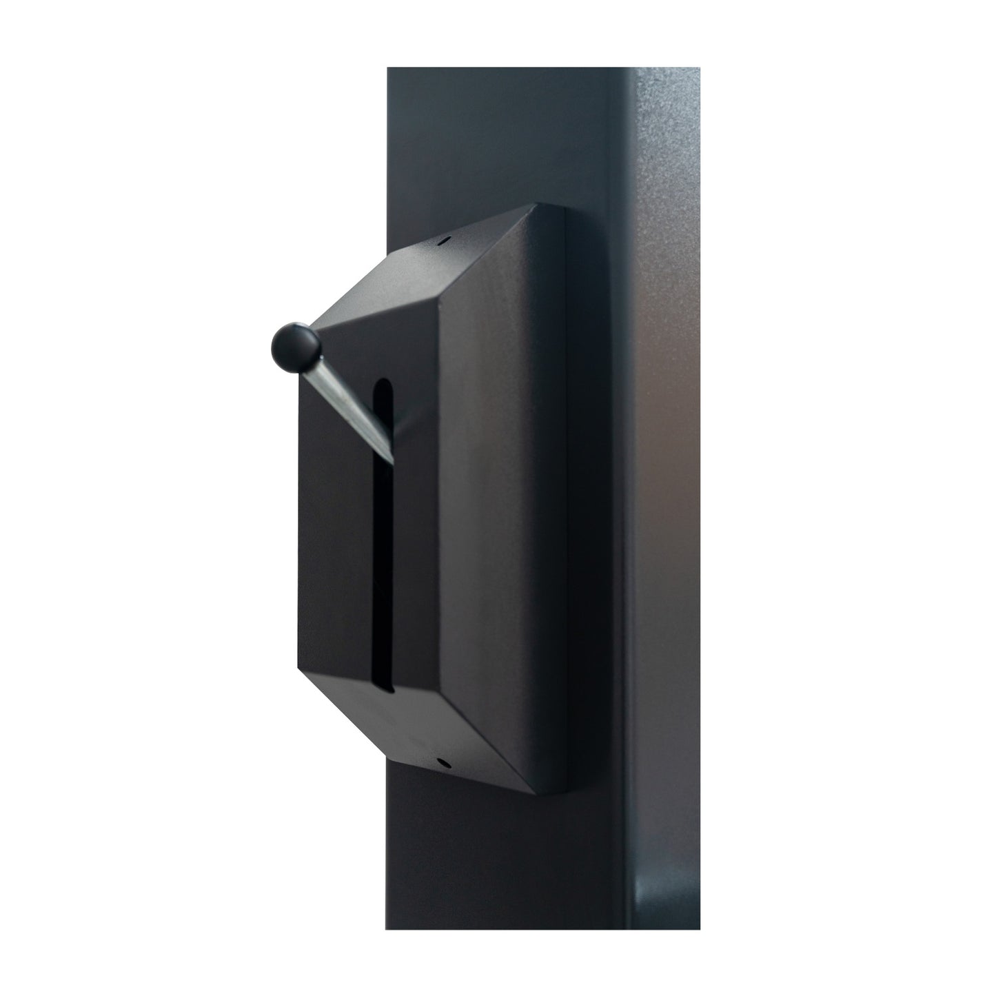 Close-up of the control lever on a two-post automotive lift, mounted on a sturdy black frame, used to operate the hoist mechanism for precise vehicle maintenance. - 2 Post Clear Floor Hoist - 4.5 Ton | EE-C10V2