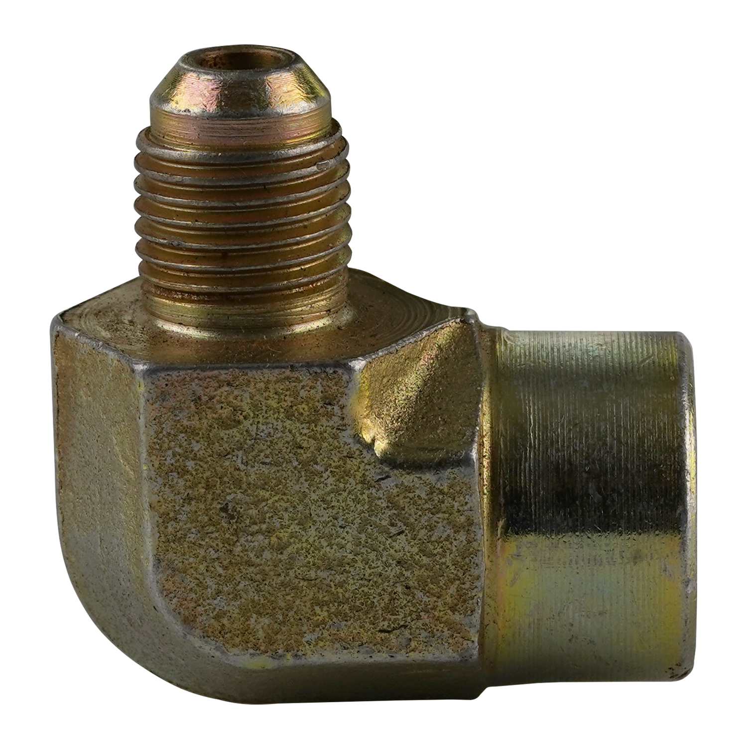 Close-up image of a 90-degree hydraulic elbow featuring a 9/16 JIC connection on one side and a 1/2 NPT on the other. The metallic elbow is designed for high-pressure hydraulic systems, built to provide leak-free performance and withstand rugged environments